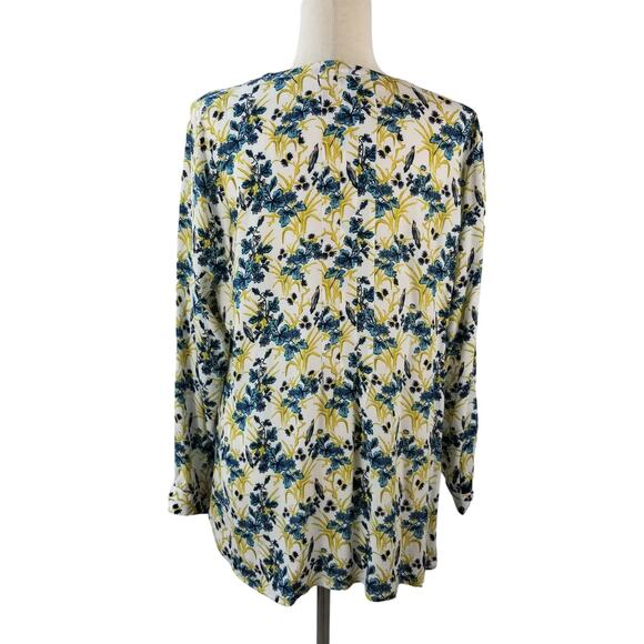 J Jill Blue White Yellow Floral Birds Long Sleeve Blouse Top Pearlized Buttons M - Picture 2 of 5